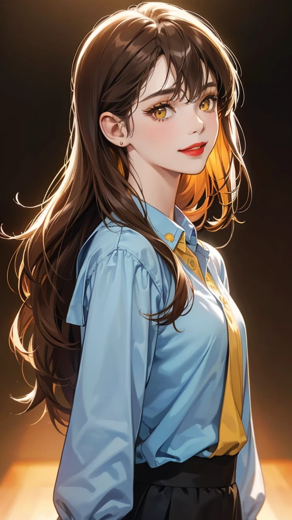 1girl, solo, long hair, looking at viewer, smile, bangs, brown hair, shirt, closed mouth, yellow eyes, upper body, blurry, from side, makeup, blurry background, blue shirt, lipstick, portrait, red lips