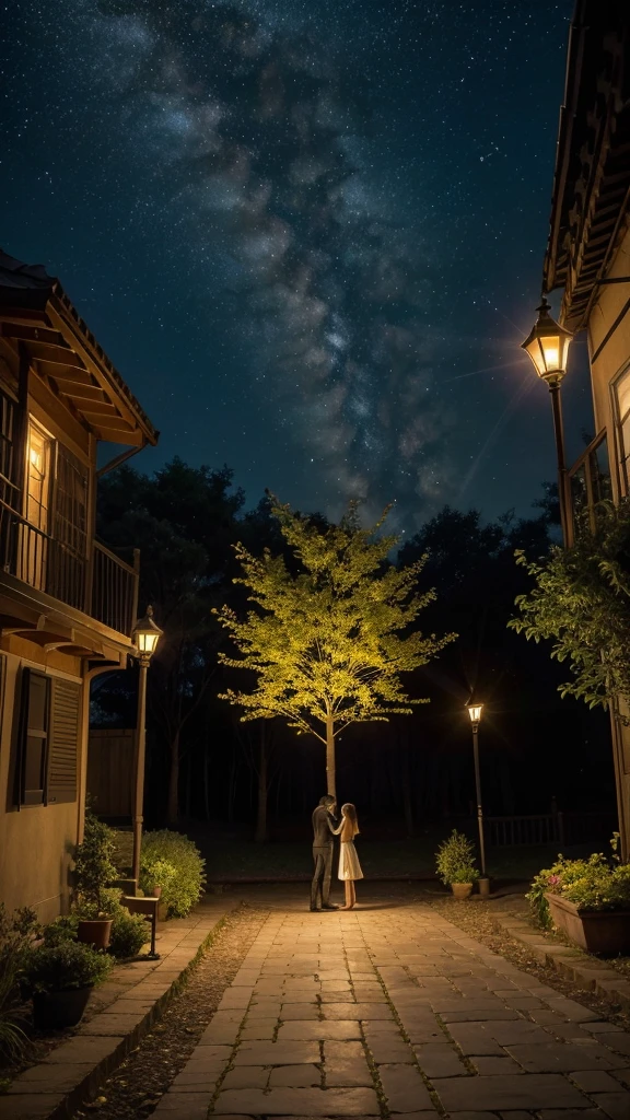 Visualize a peaceful night scene, where the sky is dotted with twinkling stars and the moon shines softly. Forward, a street lit by lanterns creates a welcoming and mysterious atmosphere. En el centro de la imagen, a majestic tree stands out, its leaves softly illuminated by the golden light of the lamps. Around the tree, small firefly lights (fire flies) seem to dance in the air, adding a touch of magic to the scene. This composition conveys the idea of nocturnal contemplation, where life's enigmas are pondered and each discovery is celebrated with gratitude.