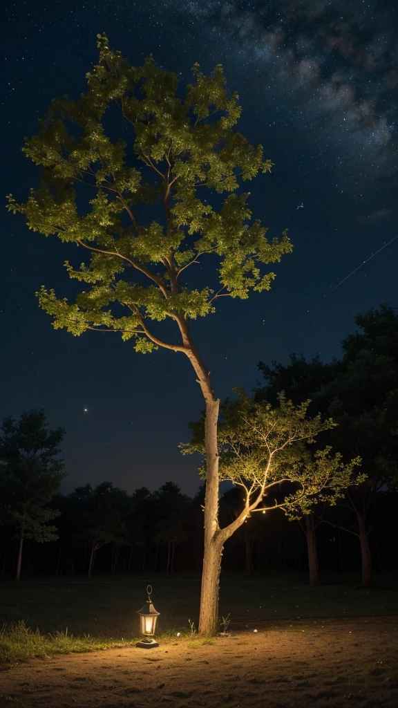 Visualize a peaceful night scene, where the sky is dotted with twinkling stars and the moon shines softly. Forward, a street lit by lanterns creates a welcoming and mysterious atmosphere. En el centro de la imagen, a majestic tree stands out, its leaves softly illuminated by the golden light of the lamps. Around the tree, small firefly lights (fire flies) seem to dance in the air, adding a touch of magic to the scene. This composition conveys the idea of nocturnal contemplation, where life's enigmas are pondered and each discovery is celebrated with gratitude.
