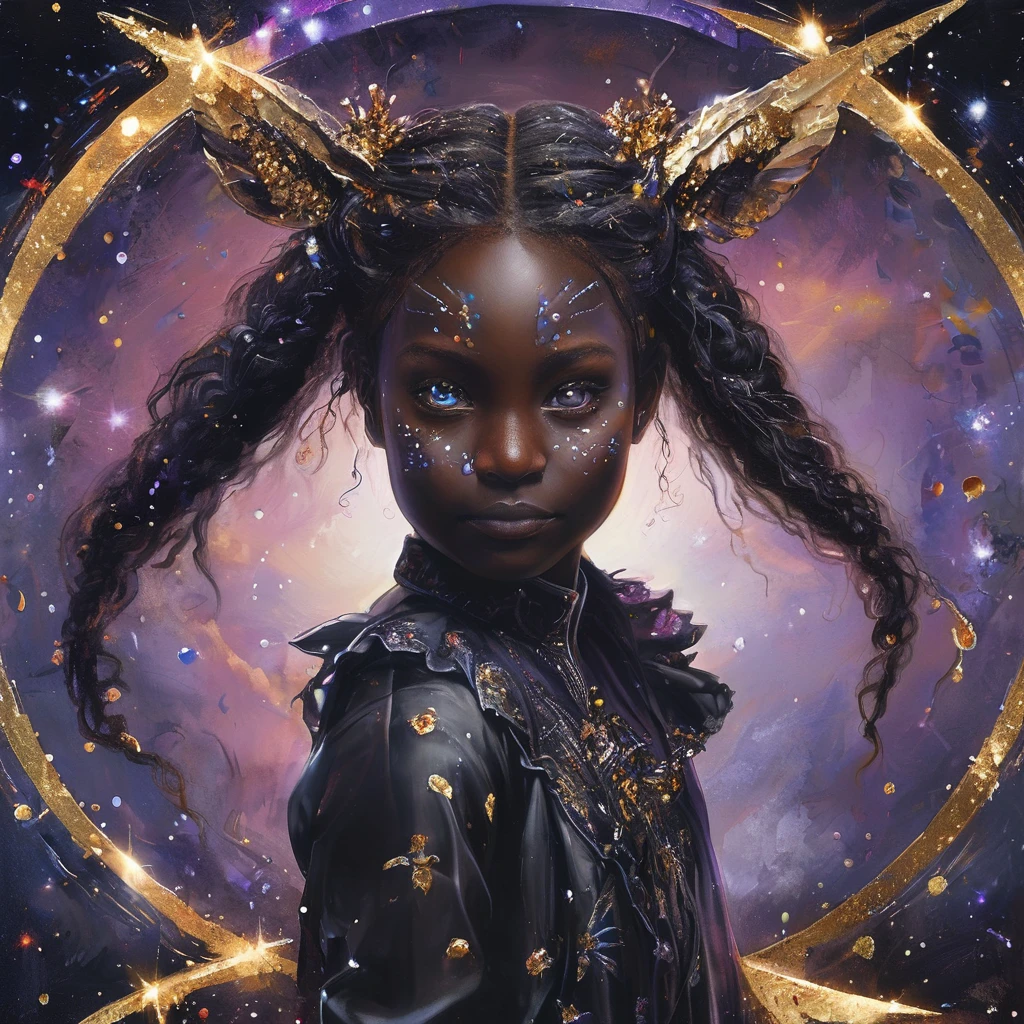 PORTRAIT, a battle angel portrait, beautiful black skin with sparkles and glitter, long long hair, shiny and lightening eyes detailed skin, image is compelling with dynamic composition and energetic posing. Include many fantasy details such as bumps, phantasmal iridescence, glitter, galaxy, cosmos, ((dark celestialskin body, void cosmic body)), (((dark background))), (((lights off))), (((hollywood dark))), horror, dramatic shadows, (in a dark fantasy space:1.3, glitter, sparkle, gleam) vector digital illustration, (black background:1.5)sharp