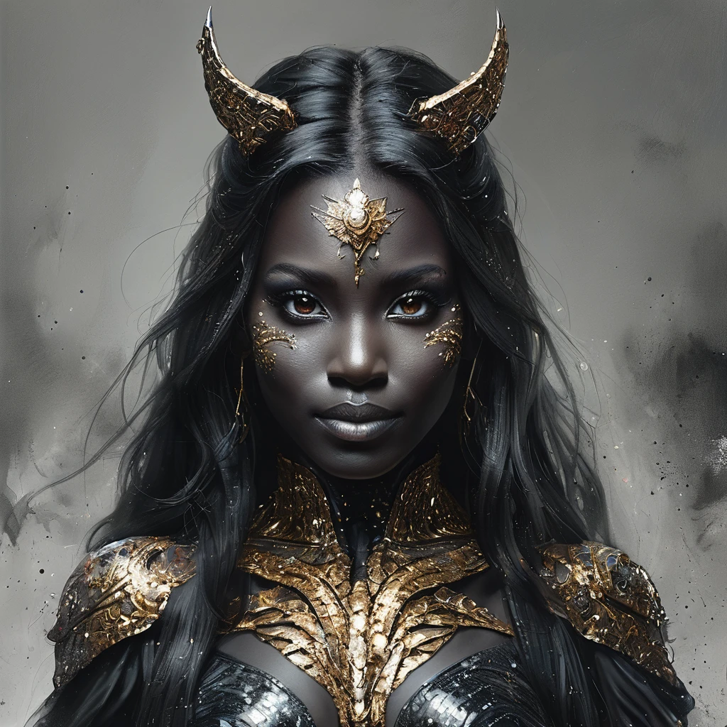 PORTRAIT, a battle angel portrait, beautiful black skin with sparkles and glitter, long long hair, shiny and lightening eyes detailed skin, image is compelling with dynamic composition and energetic posing. Include many fantasy details such as bumps, phantasmal iridescence, glitter, galaxy, cosmos, ((dark celestialskin body, void cosmic body)), (((dark background))), (((lights off))), (((hollywood dark))), horror, dramatic shadows, (in a dark fantasy space:1.3, glitter, sparkle, gleam) vector digital illustration, (black background:1.5)sharp