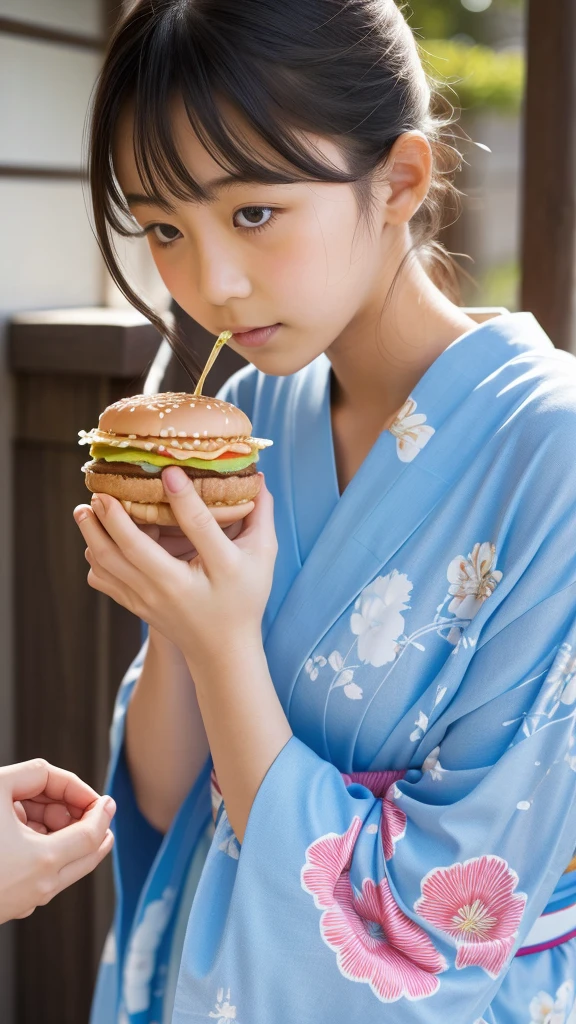11 year old girl Japanese Light blue yukata Realistic Skin eating McDonald's Big Mac