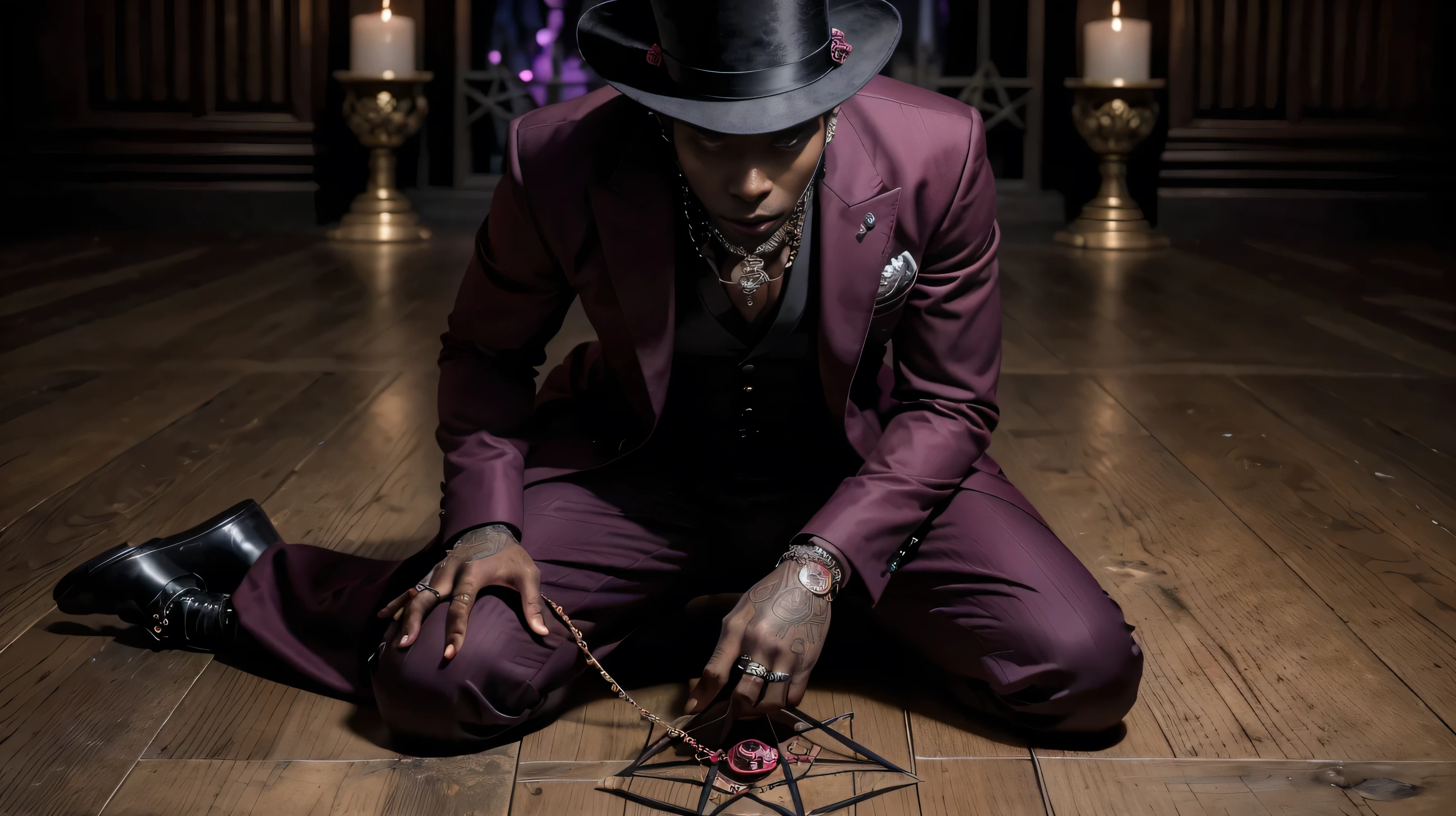 (character of a black man )(practicing voodoo magic)(wearing a burgundy suit with black details and a top hat with ornamental skull details) (with mystical rings and talisman holding a skull in hand)(kneeling over a pentagram drawn on the floor)(and send him several entries in a twilight way)