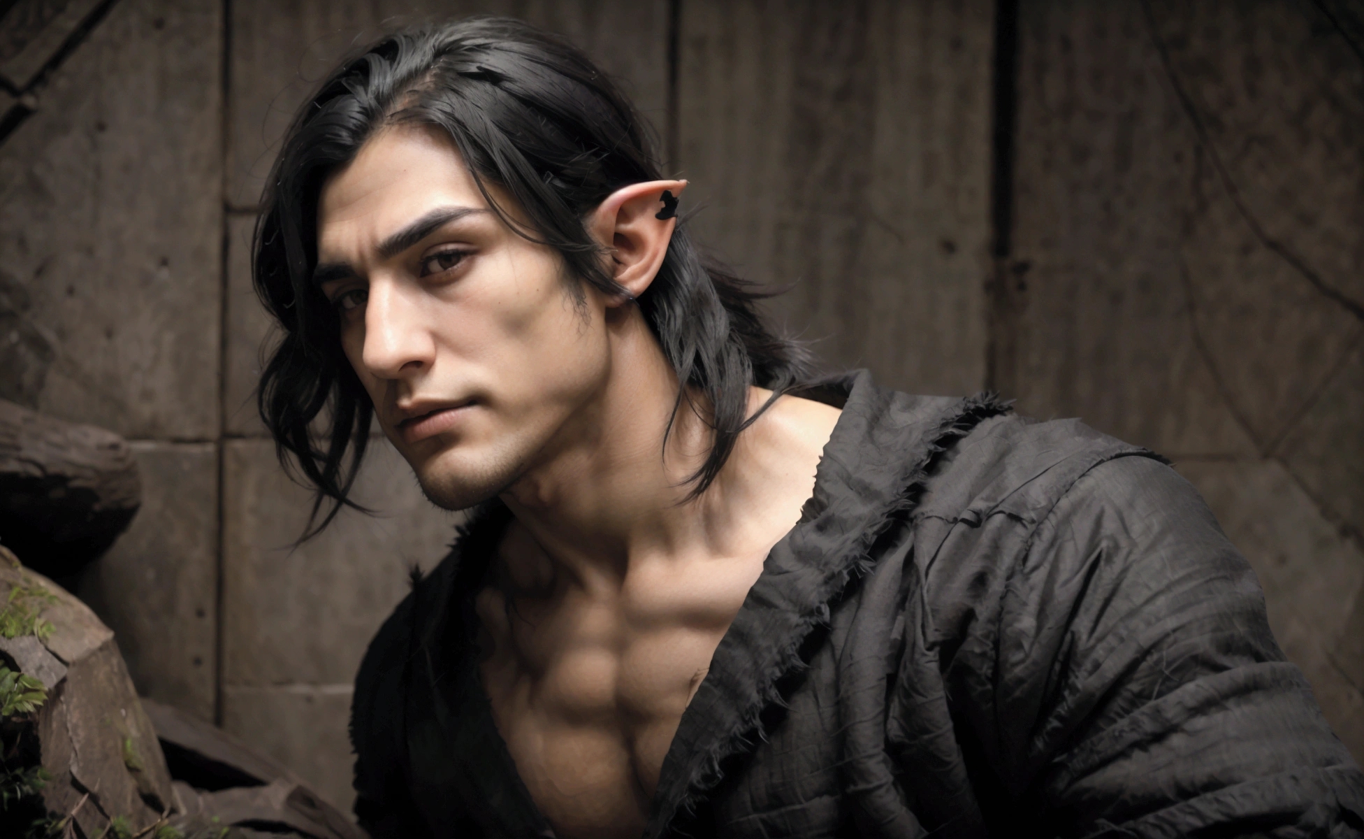 There is a young man, with Bblack hair partido no meio, half elf, looking at side, with a dark look, work of art, best qualityer, realisitic, 1 men, male focus, bonitas, [Thick eyebrows], portraite, extreme detailed face, Bblack hair, (shorth hair)