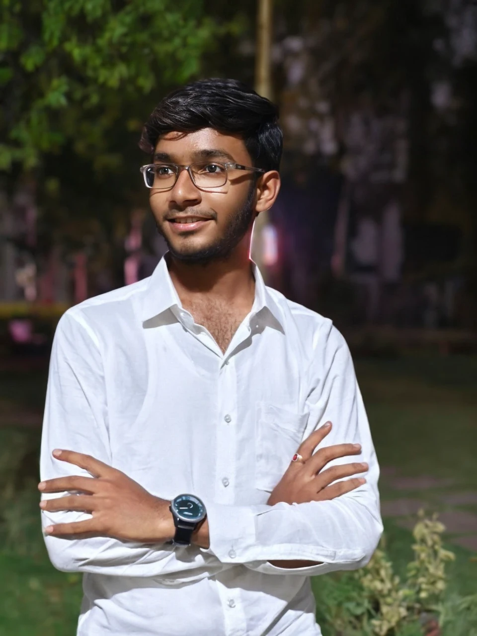 Generate an AI realistic half body image of a handsome guy in white shirt, with slim body, and age is in 20s