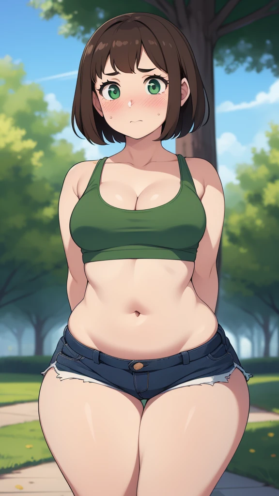 ((highres)), Masterpiece, high quality, best quality, beautiful, perfect lighting, detailed face, ultra cute face, cowboy shot, ((1girl)), ((solo)),

Short hair, fluffy hair, brown hair, green eyes, ((blush)), nervous, shy, looking at viewer, arms behind back, crop top, shorts, ((thick thighs)), (wide hips), bottom heavy, cleavage, (small breasts), 

20 year old female, standing in a park, (park), daytime,
