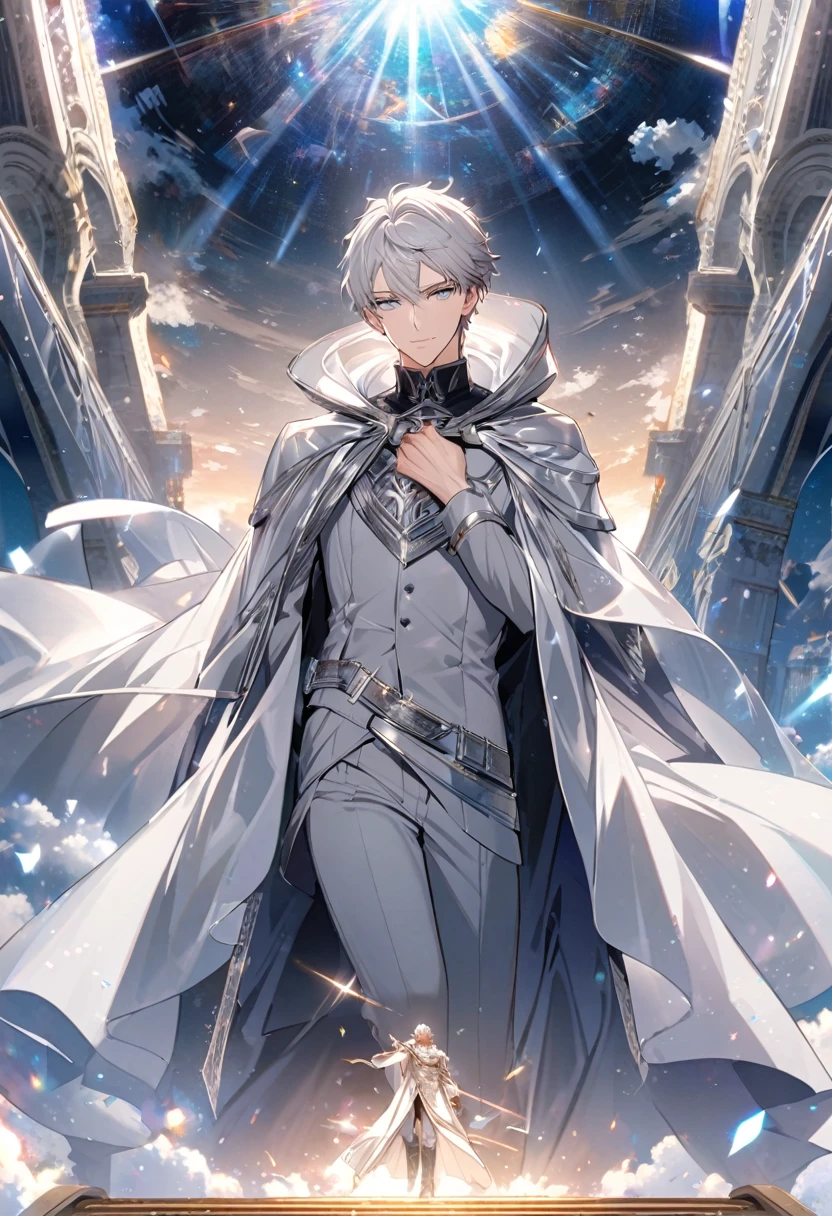male, silver cloak, silver hair, parted bang, silver eyes, heaven, handsome, justice, holo