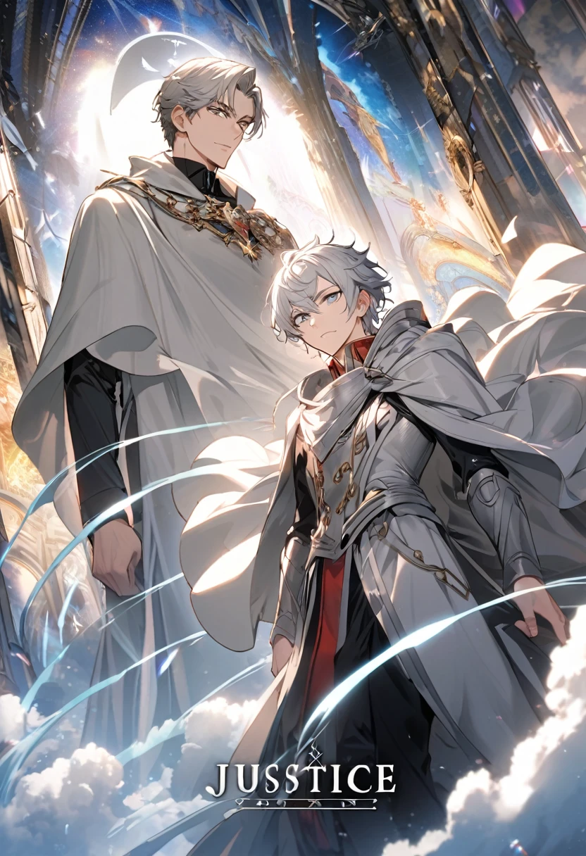 male, silver cloak, silver hair, parted bang, silver eyes, heaven, handsome, justice, holo