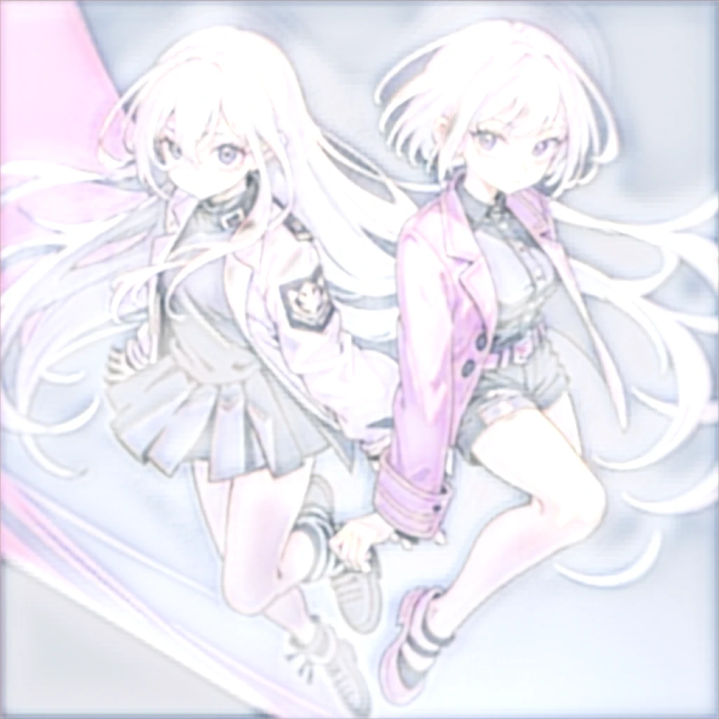 Really high girl with white hair and a pink jacket and a black shirt with a black short full body with black eyes