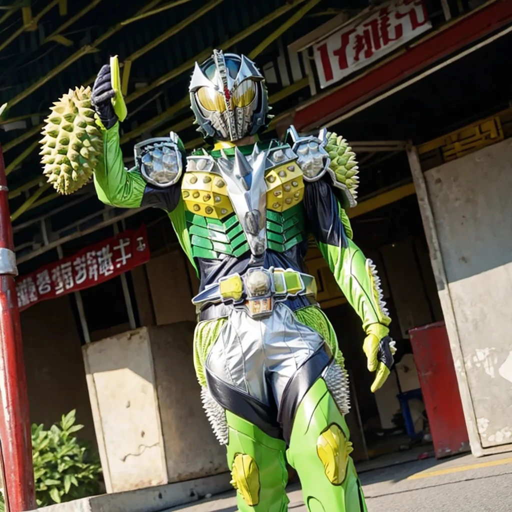 Kamen rider. Street bikes outfit. Kamen rider concept . At Chinese market . Sell a bunch lot of durian fruit.. kamen rider sell a durian. Open stall durian. Sell a durian fruit.
