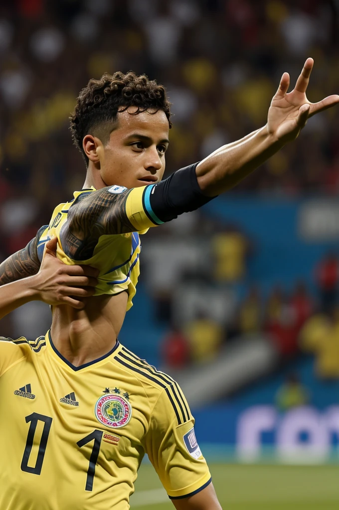 Image in the Colombia match stadium, chicha turning her back to the camera, with the number ten on his Colombia shirt and that he has short hair and the hair color is chocolate, your skin color is white