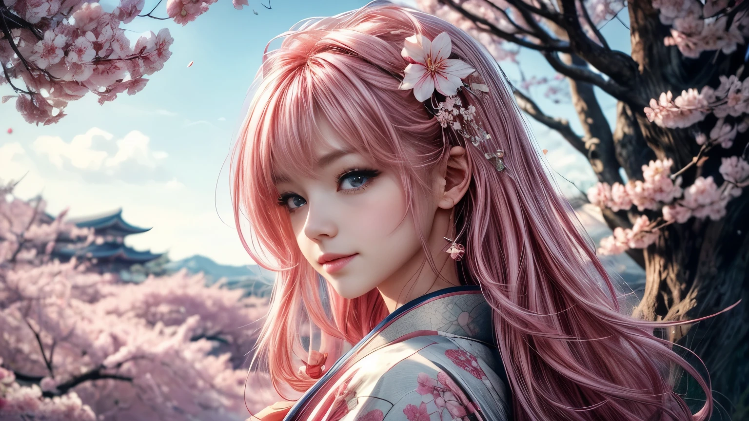 8K resolution, ((highest quality)), ((masterpiece)), ((super detailed)), (very delicate and beautiful), with a girl, solo, gentle expression, she is very(relax)with(Calm)Appearance, pink hair, Depth of the bounds written, bright smile, young expression, bright peach-colored eyes, Beautiful pink hair, beautiful background, long hair, linear art, pink kimono, Japan, Japanese Style, cherry blossomsのように輝く瞳, upper eye, wonderful eyes, cherry blossoms, cherry blossomsの木, cherry blossomsの花が舞っている, Upper body