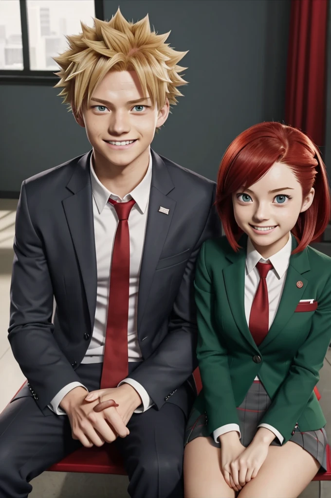 Screenshot of boku no hero academia of teenage girl is short with funny red hair,has a happy expression,blazer, gray,red tie and green skirt,She is sitting,while she is with Bakugou Katsuki, a boy with blonde hair and red eyes.,
boku no hero academia anime