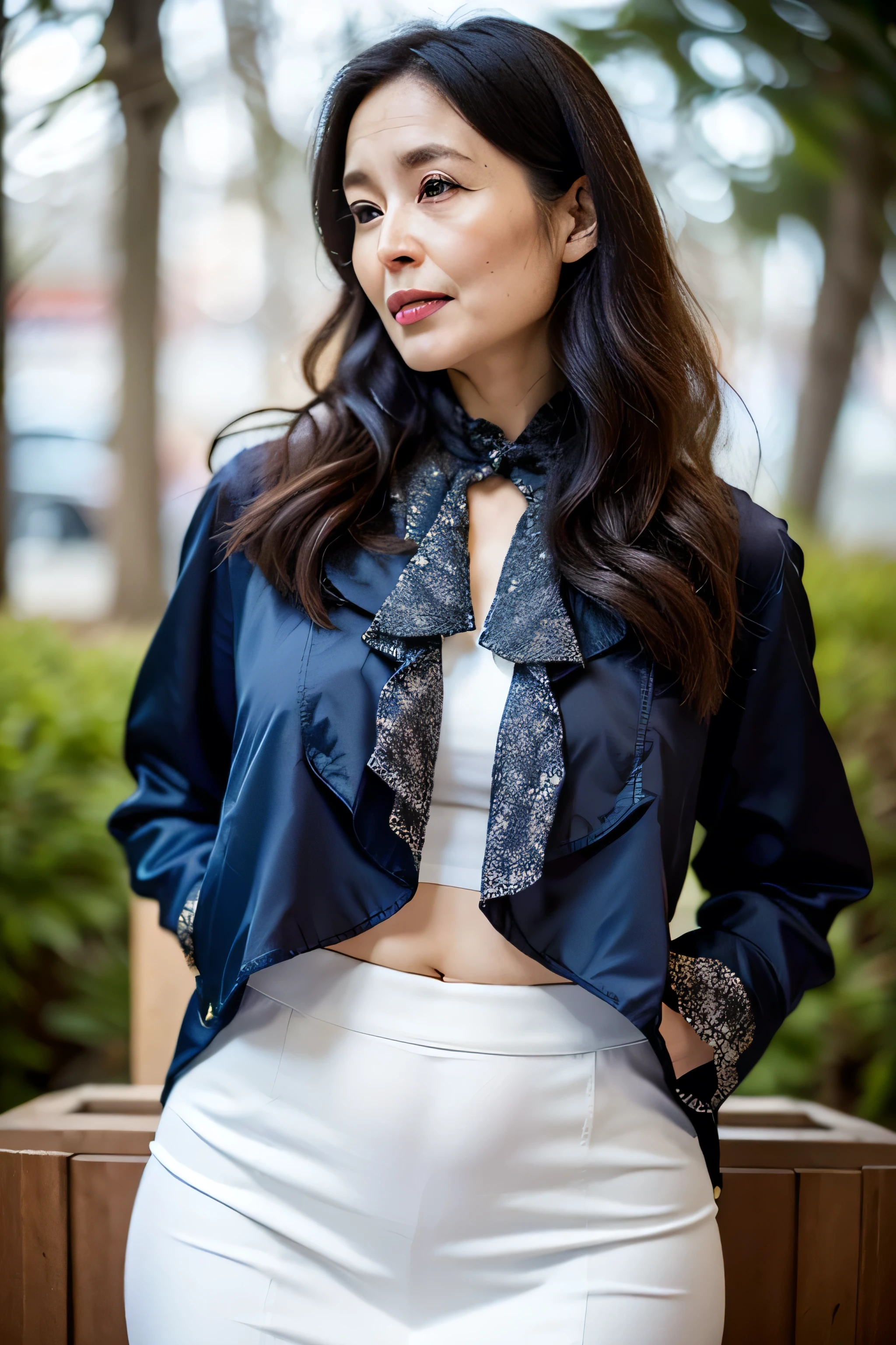 And、Browsing Caution, ((Highest quality)), ((8K)), ((masterpiece:1.3)), (family friendly), Perfect Face, ((Japanese women)), (Andrried women), ((47 years old)), (((Layer a jacket and a blouse))), ((Navy blue silk jacket)), (Transparent white blouse:1.05), (Knee-length navy blue tight skirt), (Facial wrinkles:1.2), ((Wrinkles around the eyes)), A little gloomy look, (slightly open your lips), (Look diagonally forward to the left:1.3), (Long Wavy Hair), 二重Andぶた, (whole body), Standing posture, High heels、NSFW、(Sexy Outfits、下着が透けて見えるラクダのつAnd先):1.5、(Upskirt、Skirt Lift、Open shirt、Up shirt、Open blouse、Up-blouse、Show your underwear):1.5