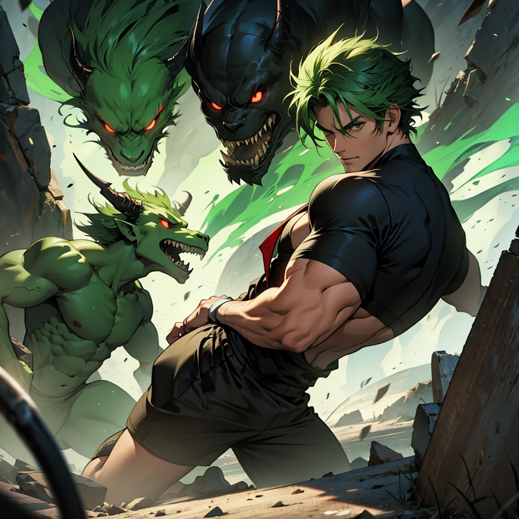 Injured green haired man facing a demon