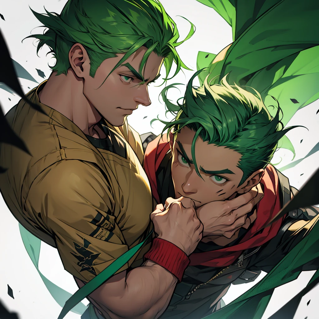 Injured green haired man facing a demon