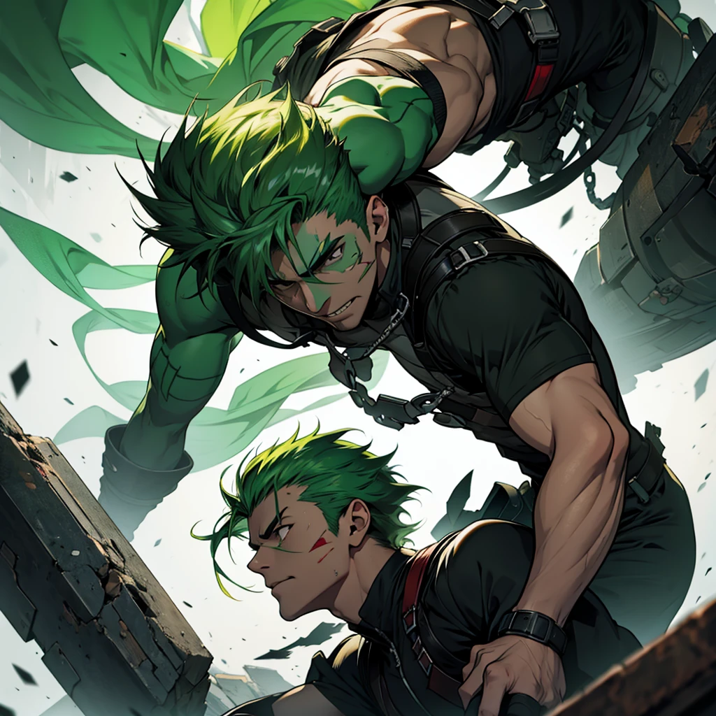 Injured green haired man facing a demon