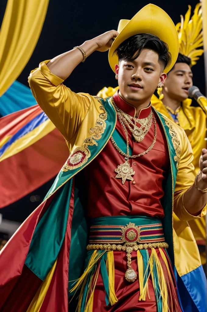 I need an image of the singer Crhistian Yu better known as DPR IAN at the Barranquilla carnival dancing Mapalé next to the marimondas.