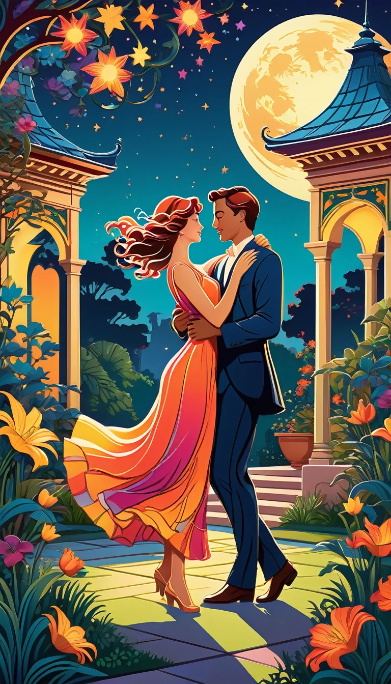 A vibrant vector illustration of two lovers dancing under the moonlight, surrounded by traditional architecture and colorful stars in an garden setting. in the style of art nouveau-inspired digital illustrations, flat design with simple shapes, bold colors, gradient background, high resolution, high detail, sharp focus, studio lighting.