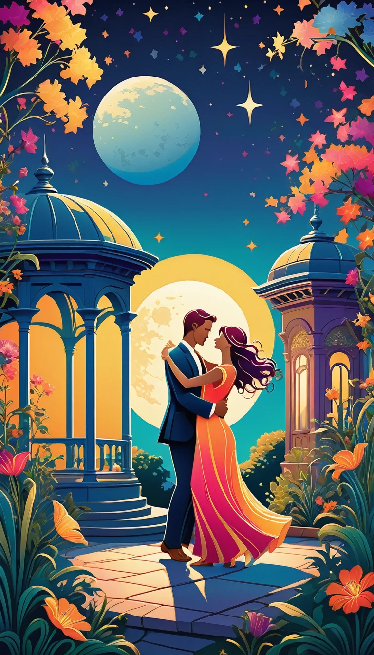 A vibrant vector illustration of two lovers dancing under the moonlight, surrounded by traditional architecture and colorful stars in an garden setting. in the style of art nouveau-inspired digital illustrations, flat design with simple shapes, bold colors, gradient background, high resolution, high detail, sharp focus, studio lighting. 