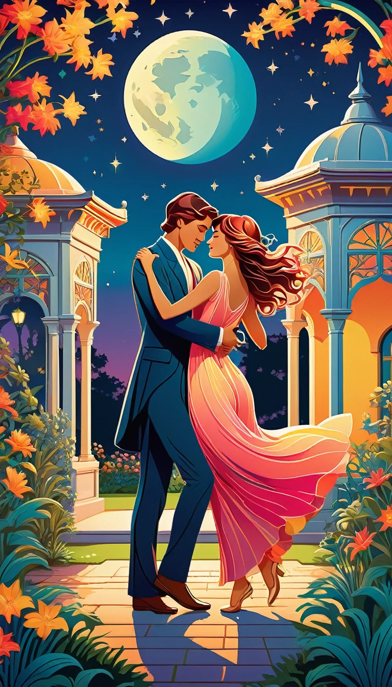 A vibrant vector illustration of two lovers dancing under the moonlight, surrounded by traditional architecture and colorful stars in an garden setting. in the style of art nouveau-inspired digital illustrations, flat design with simple shapes, bold colors, gradient background, high resolution, high detail, sharp focus, studio lighting.
