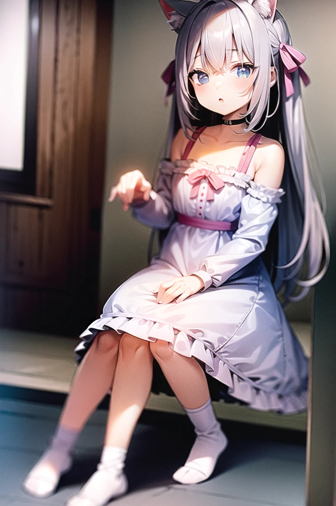 Gray Hair,Cat ear,Light blue eyes,light blue ta,White socks,Pink ribbon,Playing with a cat