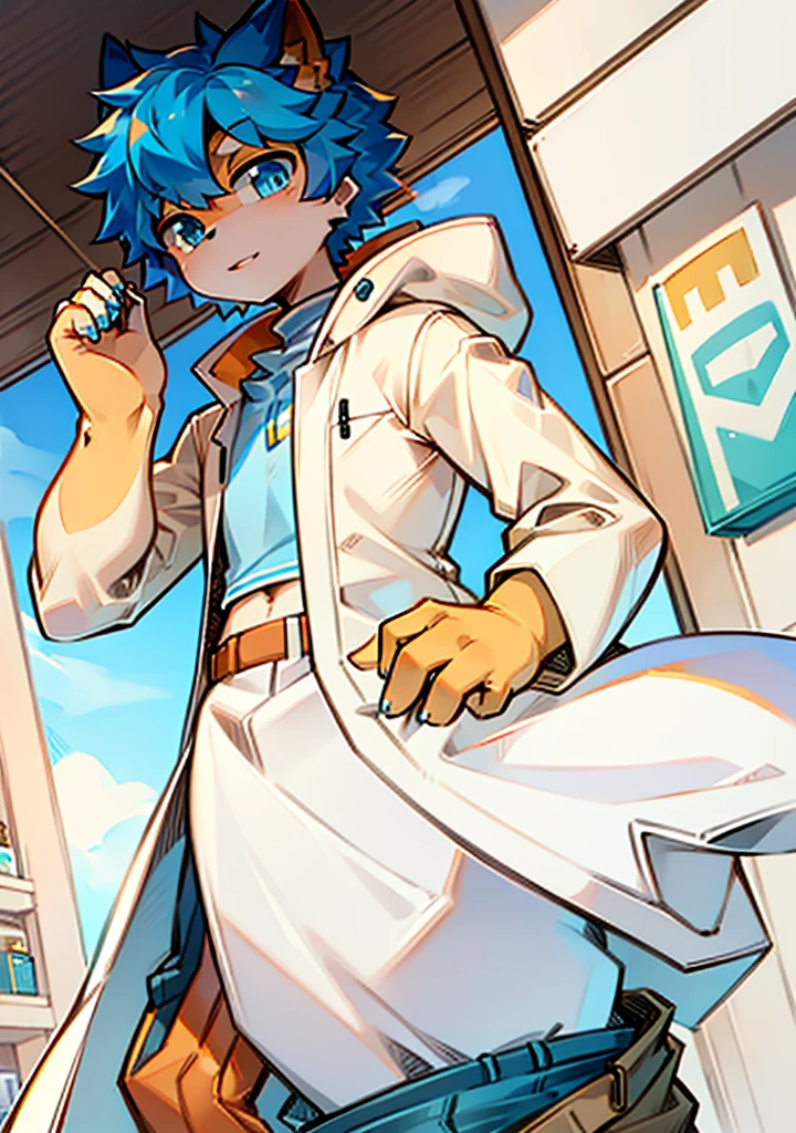 A human cat, light orange and white coat, syrup filled with smooth feathers, clear blue eyes, usando cropped yk2 azul, light blue cargo pants.