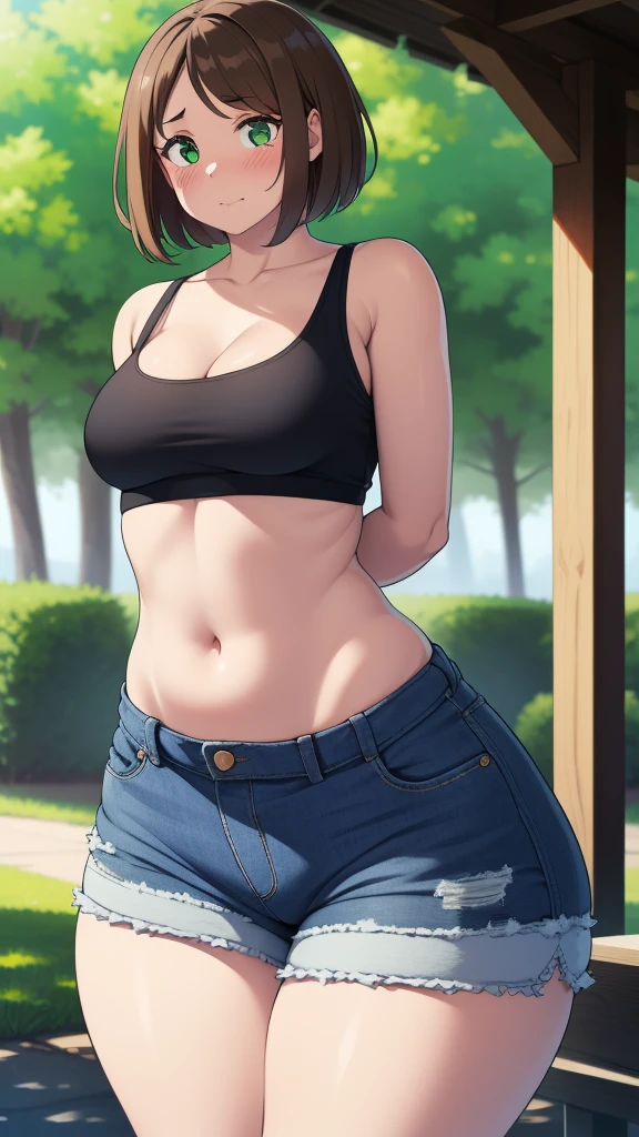 ((highres)), Masterpiece, high quality, best quality, beautiful, perfect lighting, detailed face, ultra cute face, cowboy shot, ((1girl)), ((solo)),

Short hair, fluffy hair, brown hair, green eyes, ((blush)), nervous, shy, looking at viewer, arms behind back, crop top, shorts, ((thick thighs)), (wide hips), bottom heavy, cleavage, (small breasts), 

20 year old female, standing in a park, (park), daytime,
