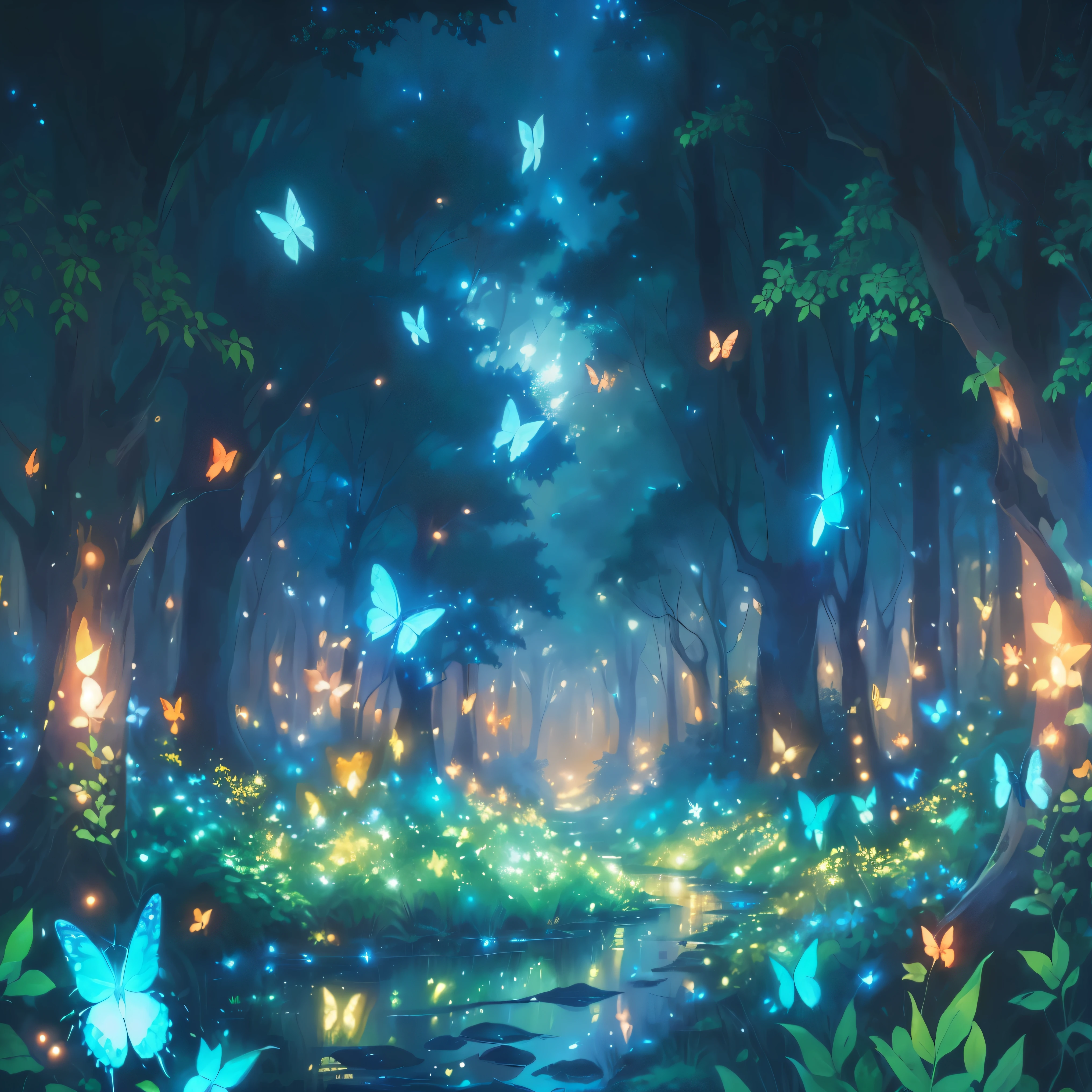 a painting of a forest with lots of butterflies flying around, glowing butterflies, magical forest with fireflies, cozy night fireflies, background artwork, blue fireflies, anime background, magical environment, anime background art, glowing blue butterflies, magical background, glowing fireflies, fireflies around, magical forest in the background, firefly forest at night, fireflies and sparkling wisps