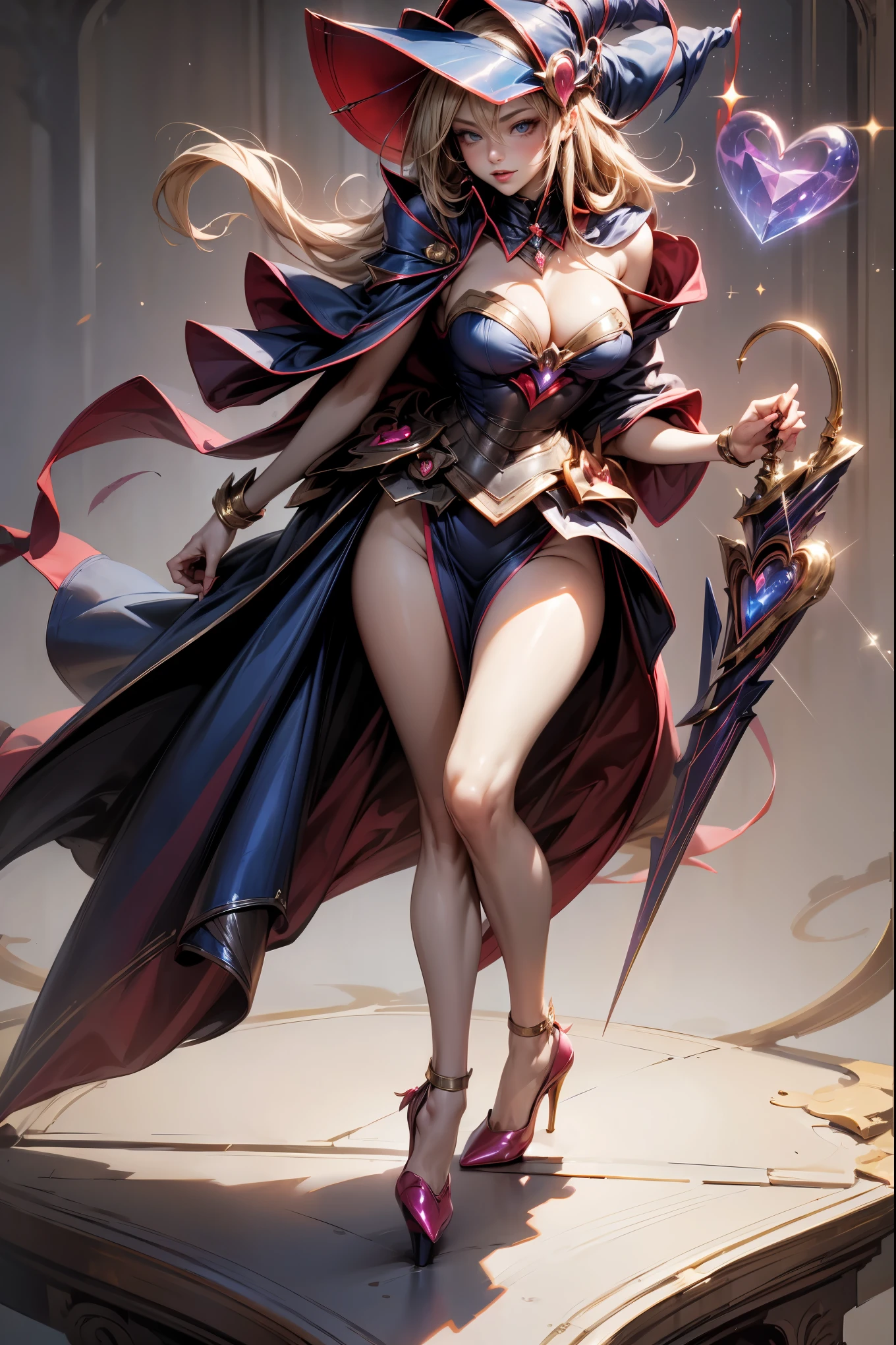 (Masterpiece:1.2), (The best quality:1.2), perfect lighting, Dark Magician Girl casting a spell, in battle. floating in the air, visible medium tits, transparent neckline, blue robe, big hat, From above, sparkles, Yugioh game, The magic of the heart. LIGHTS OF THE HEART, romantic heart. She wears gold heels. In heels. heels 