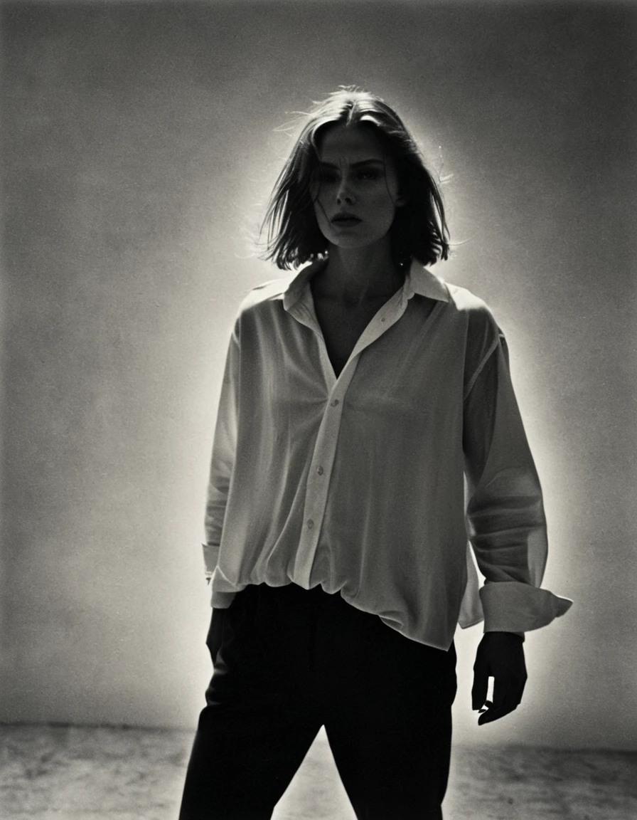 (dark mood masterpiece Photography by Mario Giacomelli:1.2), evil slavic woman, pale skin, long dark blond hair, Stunning b&w 35mm full body photo of a beautiful, perfecteyes, dark circles under eyes, highly detailed skin, (lightest freckles:0.9), standing in a casual pose with her hands on her nipples. wearing (wide-open:1.34) white_silk_shirt. unbuttoned shirt. (nipslip:1.4). a loose-fitting oversized men's unbuttoned shirt, open white business shirt. intricate poses by ruth bernhard. (Photography and style by ruth bernhard). 35mm, Hasselblad. capturing fashion-forward visuals, creating visual impact,evoking emotion,pushing creative boundaries. golden hour, shot from the side, playful pose, god rays,artistic photoshoot