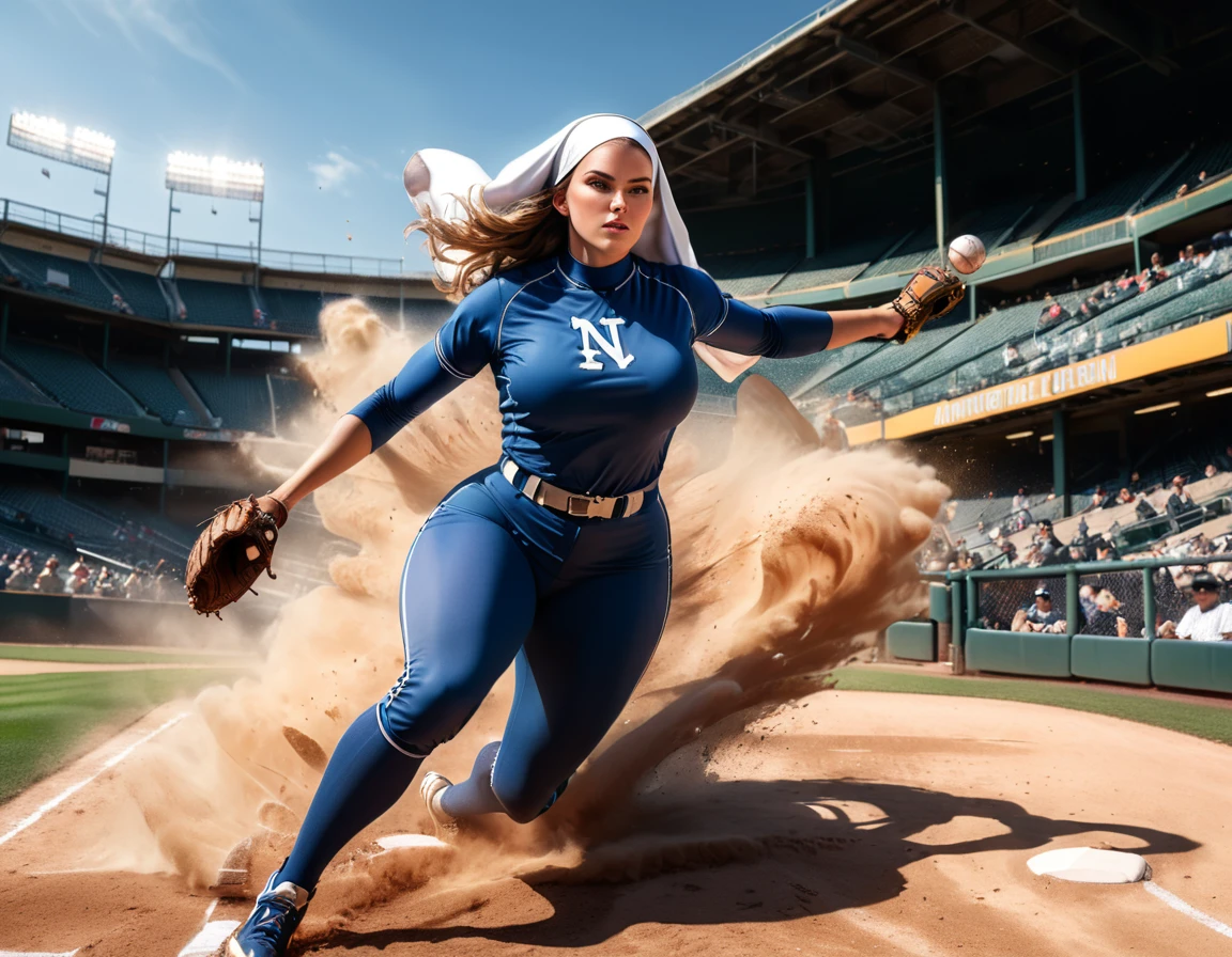 Arafed a sports capture picture of a nun playing baseball, an exquisite beautiful nun, full body, middle aged woman, curvy woman,  dynamic hair, dynamic style,  ultra detailed face, concentrated look, determined look, best detailed face, wearing ((nun clothes: 1.3)), standing ready in a baseball match, baseball stadium nackground, full body (best details, Masterpiece, best quality), ultra wide shot, photorealistic,  vibrant, Ultra-high resolution, High Contrast, (masterpiece:1.5), highest quality, Best aesthetics), best details, best quality, highres, ultra wide angle, 16k, [ultra detailed], masterpiece, best quality, (extremely detailed),