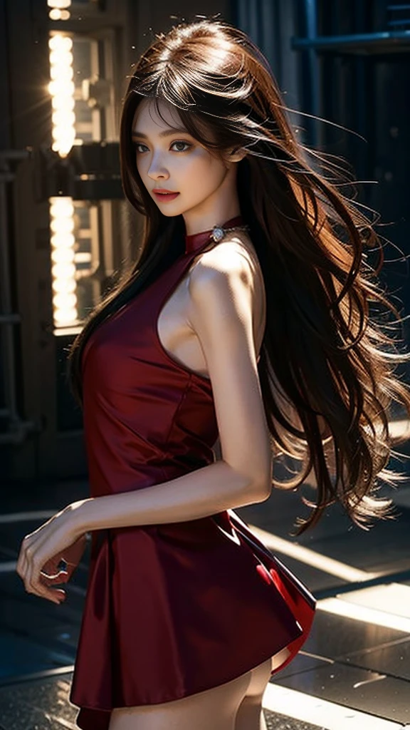 8k, ultra hd, masterpiece, 1 girl, detailed face, detailed eyes, very long hair, red hair, shining dress, red dress, strap dress, bare waist, (jwellery:1.5), high lighting, glowing skin, lighting on face, in the dengeon,