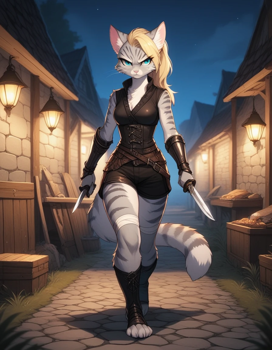 score_9,score_8_up,score_7_up, kemono style, Kat, Anthro furry feline, silver fur, grey stripes on body, blue eyes, long blonde hair, undercut hair, pink nose, :3, wearing black medieval vest, black short shorts, black leather gauntlets, plantigrade feet with four toes, feet paws wrapped in bandages, furrowed eyebrows, she’s grumpy, walking, holding a dagger knife, at a campsite at night, standing