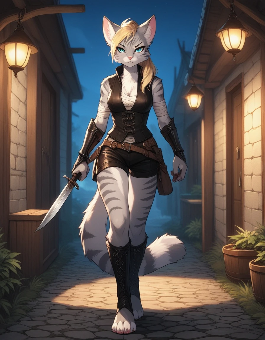 score_9,score_8_up,score_7_up, kemono style, Kat, Anthro furry feline, silver fur, grey stripes on body, blue eyes, long blonde hair, undercut hair, pink nose, :3, wearing black medieval vest, black short shorts, black leather gauntlets, plantigrade feet with four toes, feet paws wrapped in bandages, furrowed eyebrows, she’s grumpy, walking, holding a dagger knife, at a campsite at night, standing