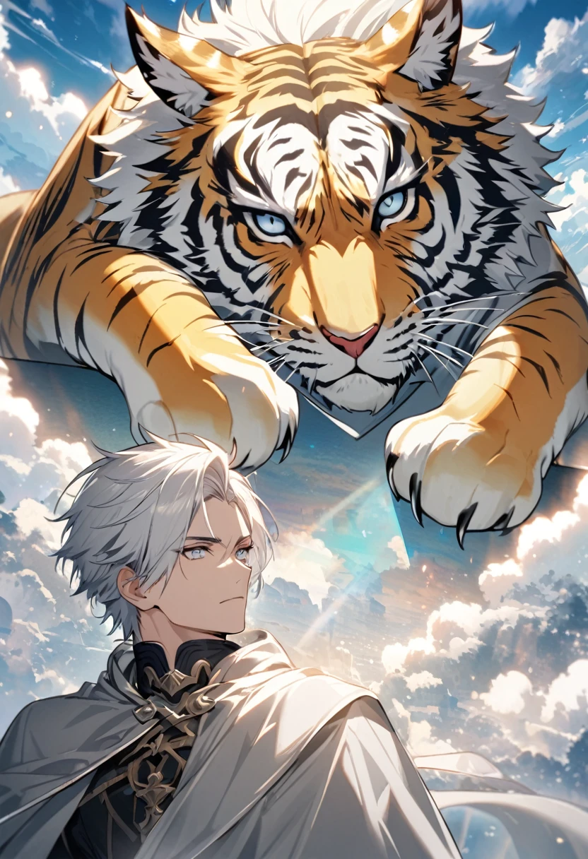 male, silver cloak, silver hair, parted bang, silver eyes, heaven, sky tiger, handsome, justice