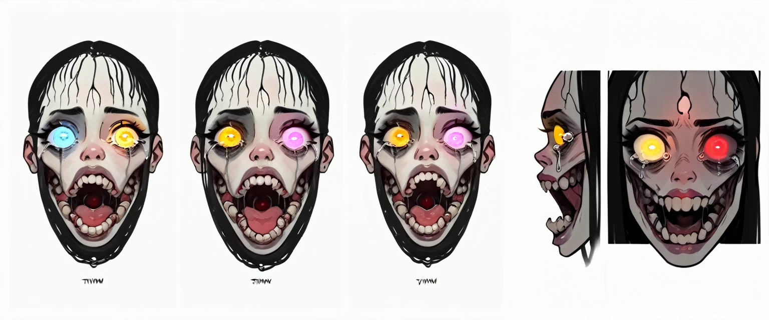 ((NSFW)), ((character design sheet, multiple sexy poses, white background)), ((infographic sheet, multiple views, erotic horror)), ((full body view, anatomical horror, sexual horror, anatomical monstrosity)), score_9, score_8_up, score_7_up, score_6_up,Madness,1girl,solo,looking at viewer,open mouth,bangs,yellow eyes,teeth,tears,eyelashes,glowing,heterochromia,portrait,light particles,close-up,eye focus