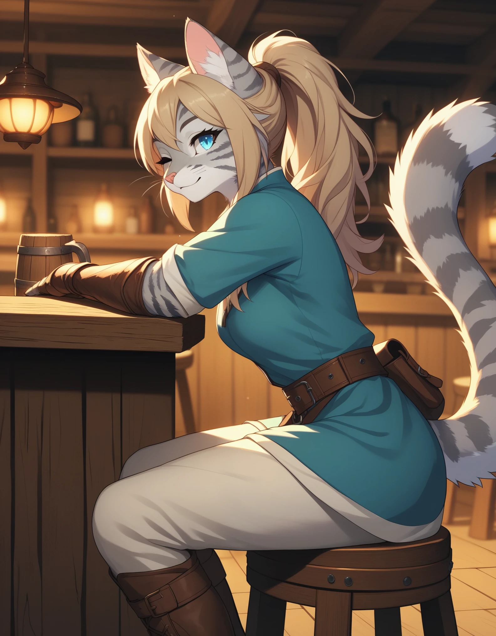 score_9,score_8_up,score_7_up, kemono style, Kat, Anthro furry feline, silver fur, grey stripes on body, blue eyes, blonde hair, hair in ponytail, pink nose, :3, wearing blue medieval tunic, light brown pants, brown boots, belts and adventuring gear, brown gauntlets, sitting on a stool at a tavern, leaning on the counter of the bar, side view, flirtatious expression, indoors, winking at ciewer