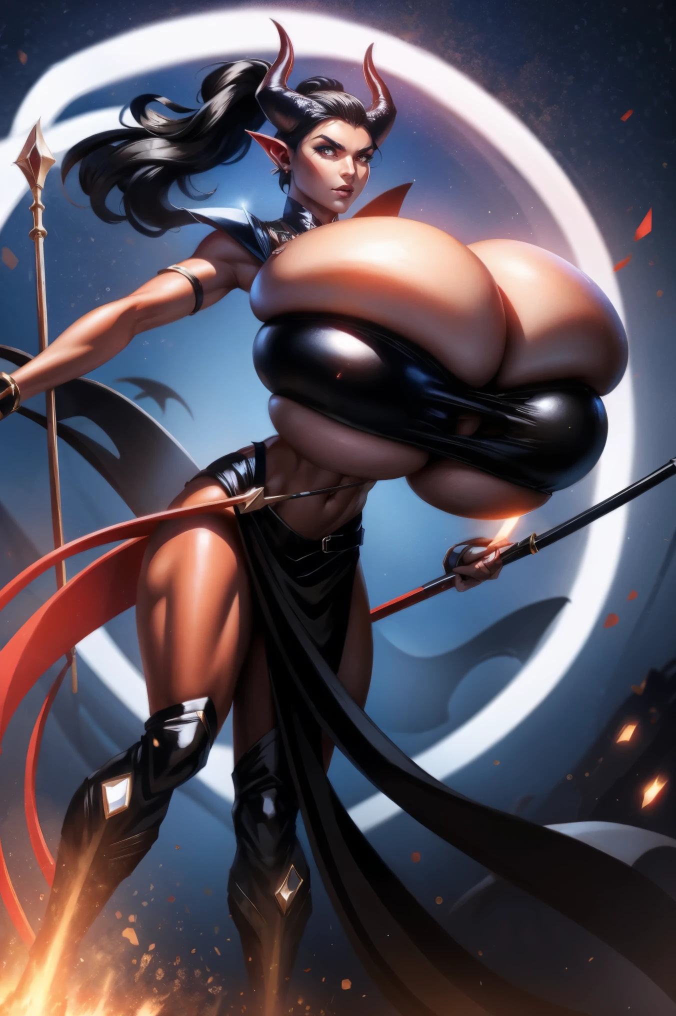 Red skin succubus tiefling, digitigrade legs, full breasts, large breasts, black horns, wings, huge tail, black leather, crop top, long flowing pelvic curtain, tall, toned, graceful, thin, long black ponytail. Action scene, whip. Dark scene, explosions, night sky.