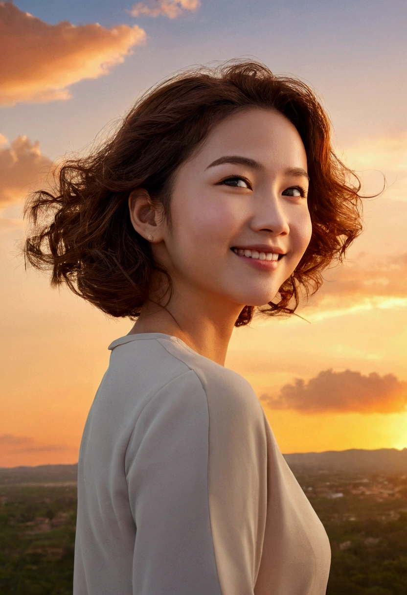 best quality, masterpiece, solo, 1girl, looking at viewer, light smile, (from above:1.4), looking back, upper body, mature female, outdoors, clouds sky, orange sky, sunset,