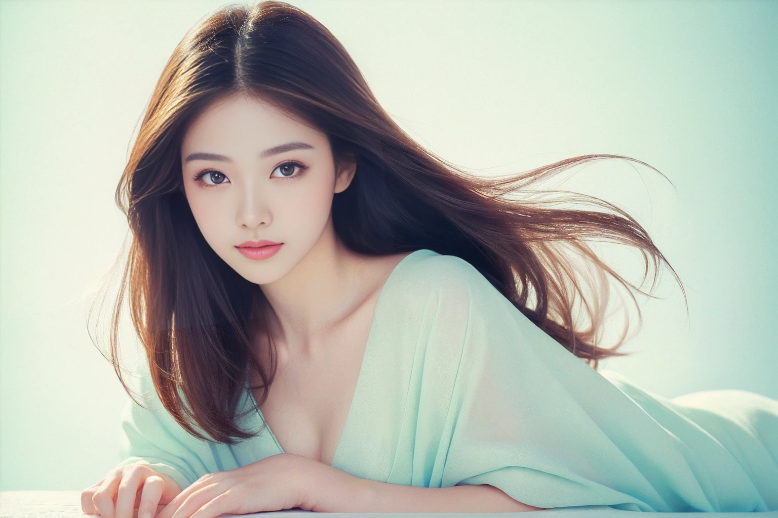 Highest quality　masterpiece　The most beautiful woman in Japan　Photo style　Real　Background pastel　Softly and gently