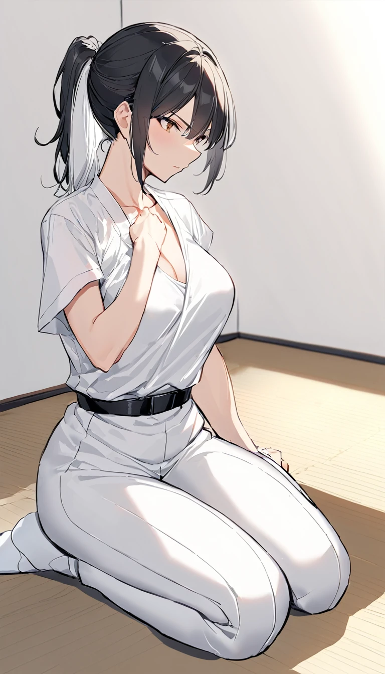Slender female karateka　Mature Woman　((seiza))　Open chest　Karate Dojo　Black Hair　ponytail　((White inner shirt))　clavicle　Black belt　sit　White pants,Loose, plain white clothing,　Loose white short-sleeved karate uniform　Décolletage