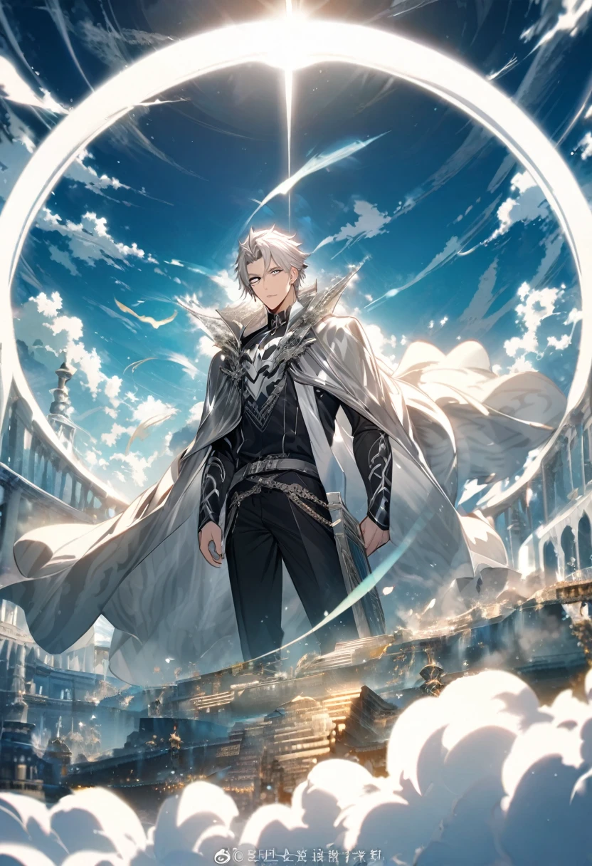 male, silver cloak, silver hair, parted bang, silver eyes, heaven, sky tiger, handsome, justice