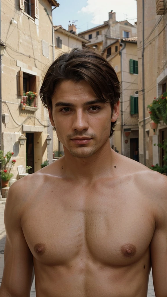 perfect italian man, short hairstyles light hairin an Italian village focus on character's face