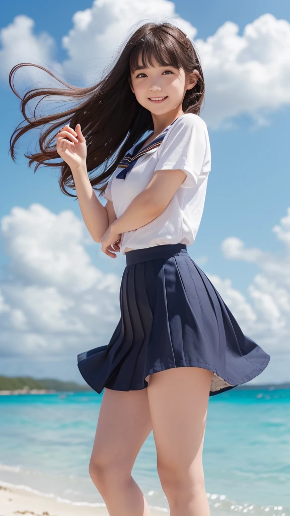 1girl,(((Okinawa ocean)))、(((White sand beaches in Okinawa)))、(((Just join your hands and pray)))、(((Mysterious look)))、8k UHD、Digital single-lens reflex camera、High resolution、Shallow depth of field、Natural light、(((オフショルダーで腕を上げて美しい脇の下をみせてくれる)))、(((Sailor suit)))、(((navy blue super mini skirt)))、(((A sparkling, charming smile)))、(((Full body photography)) )、Small person、(((Young face)))、1 Japanese female、;beautiful girl、(Black Hair)、A strong wind blows up my skirt、(((Brown eyes)))、Glowing Skin、Smooth Thinning Hair、Long Hair、Detailed background、Detailed eyes and face、Clear Eyes、Cute smile、Calm atmosphere、(((stage)))、(((Small breasts)))、(((Beautiful Eyes)))、Flat chest、Children、(((Toned thighs))) 、(((Angle from below) ))、(((Fine lips)))、(((Skirt fluttering)))、Shining beautiful legs、( Skirt fluttering violently in the strong wind :1.4), (hair blowing in the strong wind:1.4), (leaning forward)、barefoot、barefoot、((((A skirt flipped up by a strong wind))))