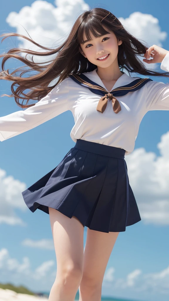 1girl,(((Okinawa ocean)))、(((White sand beaches in Okinawa)))、(((Just join your hands and pray)))、(((Mysterious look)))、8k UHD、Digital single-lens reflex camera、High resolution、Shallow depth of field、Natural light、(((オフショルダーで腕を上げて美しい脇の下をみせてくれる)))、(((Sailor suit)))、(((navy blue super mini skirt)))、(((A sparkling, charming smile)))、(((Full body photography)) )、Small person、(((Young face)))、1 Japanese female、12 years old;beautiful girl、(Black Hair)、A strong wind blows up my skirt、(((Brown eyes)))、Glowing Skin、Smooth Thinning Hair、Long Hair、Detailed background、Detailed eyes and face、Clear Eyes、Cute smile、Calm atmosphere、(((stage)))、(((Small breasts)))、(((Beautiful Eyes)))、Flat chest、Children、(((Toned thighs))) 、(((Angle from below) ))、(((Fine lips)))、(((Skirt fluttering)))、Shining beautiful legs、( Skirt fluttering violently in the strong wind :1.4),   (hair blowing in the strong wind:1.4), (leaning forward)、barefoot、barefoot、((((A skirt flipped up by a strong wind))))
