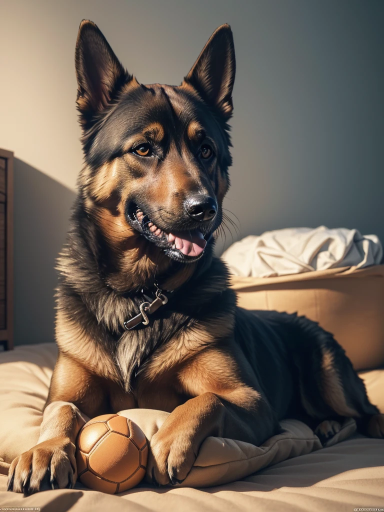 German Shepherd in his dog bed, chews playfully on a dog toy ball, detailreiches Fell (best quality,4K,8K,highres,​masterpiece:1.2),Ultra-detail,(realisti,photorealisti,photo-realisti:1.37),  Film compositions,depth of field,Professional 3D rendering
