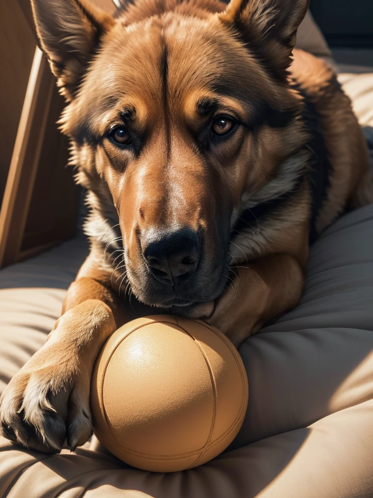 German Shepherd in his dog bed, chews playfully on a dog toy ball, detailreiches Fell (best quality,4K,8K,highres,masterpiece:1.2),Ultra-detail,(realisti,photorealisti,photo-realisti:1.37), Film compositions,depth of field,Professional 3D rendering