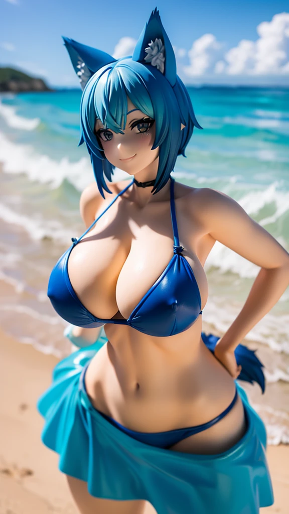Wolf Ears, Big Breasts, Blue Hair, Short Hair, Blue Bikini, Wink, smile, coastal, Hands on hips