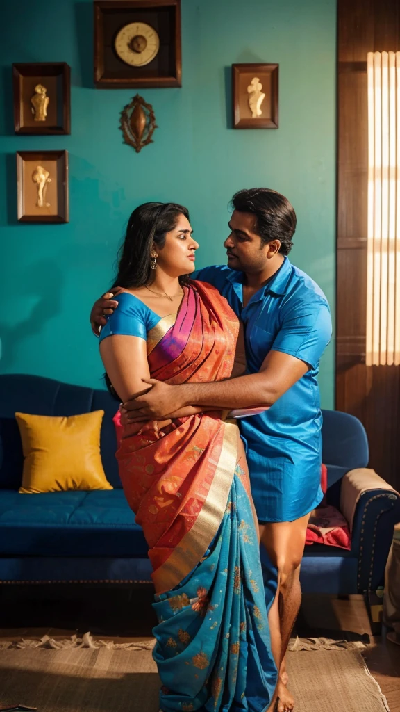 a  50-year-old shirtless man  affectionately hugging and kissing aradiant, full-figured South Indian plus-sized 30 year old teacher wearing a blue silky saree in  dressing room, captured in a full-body image with vibrant hues and meticulous details. Full body image